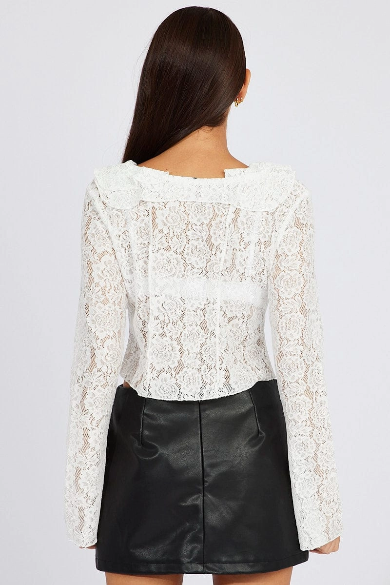 White Lace Tie Up Top Long Sleeve