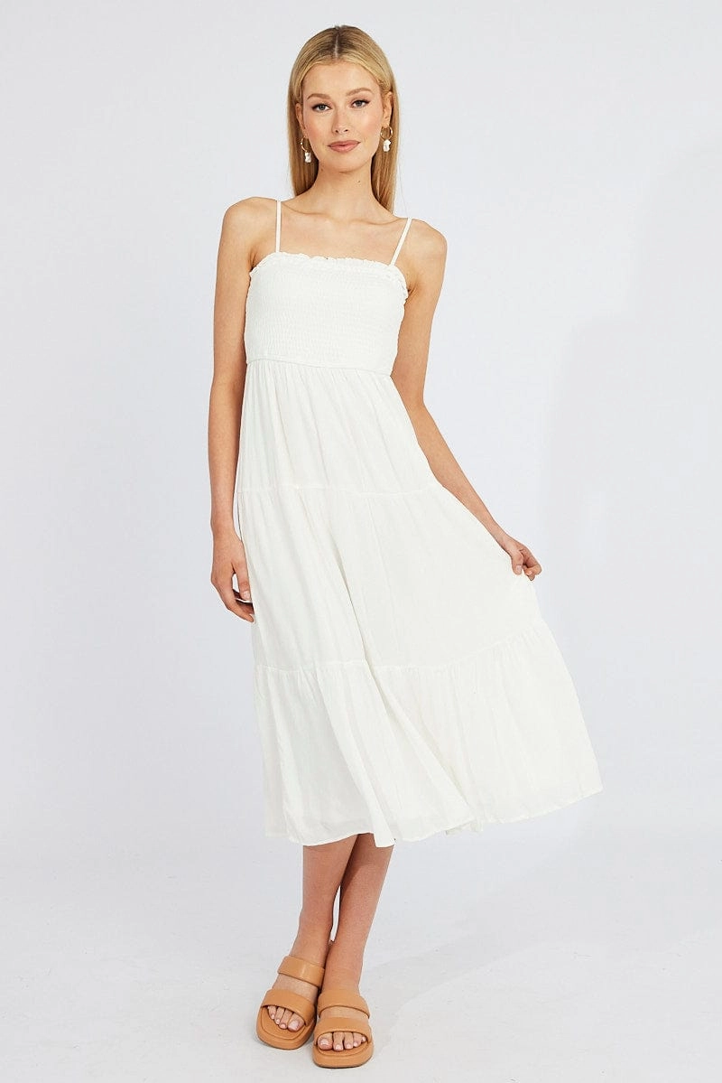 White Midi Dress Sleeveless Shirred Tie Back
