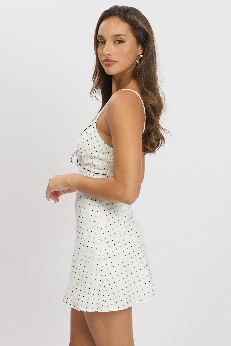 White Polka Dot Mini Dress V-Neck Strappy
