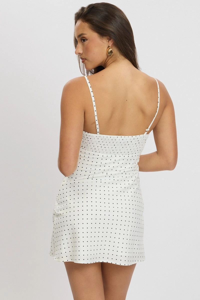 White Polka Dot Mini Dress V-Neck Strappy
