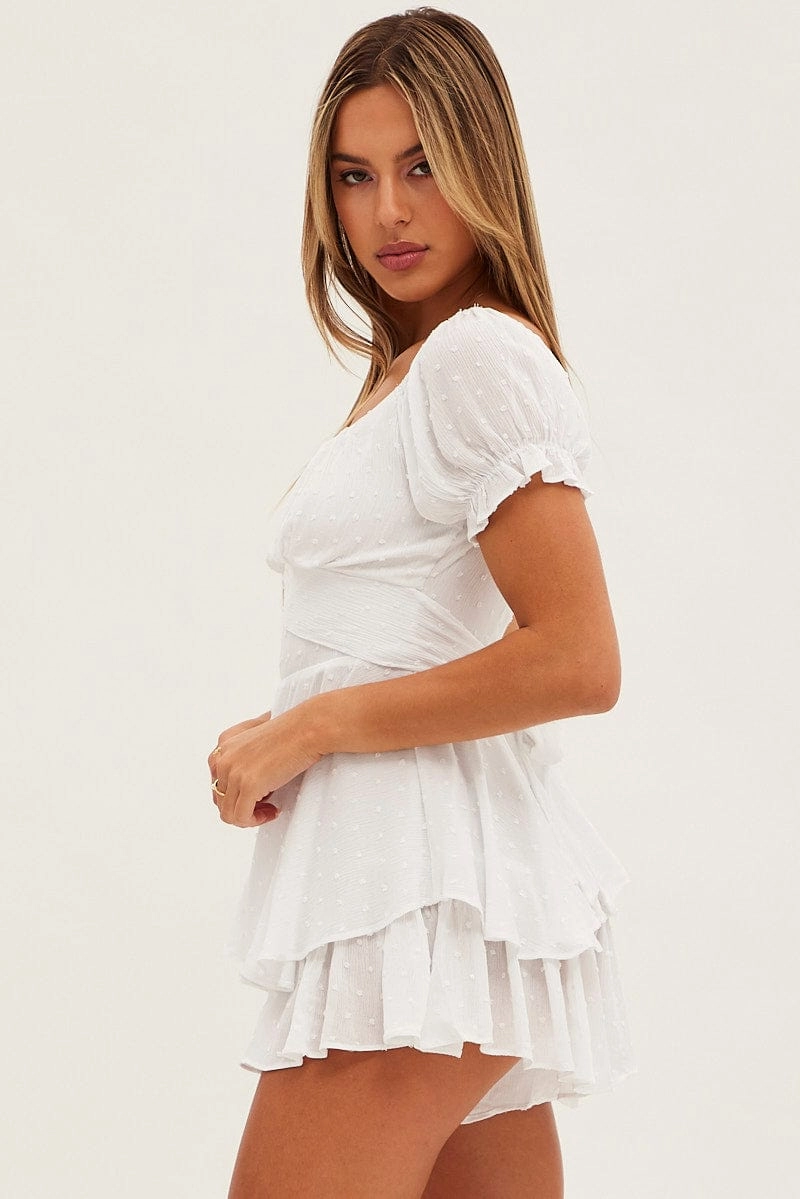 White Ruffle Playsuit Short Sleeve Tie Back