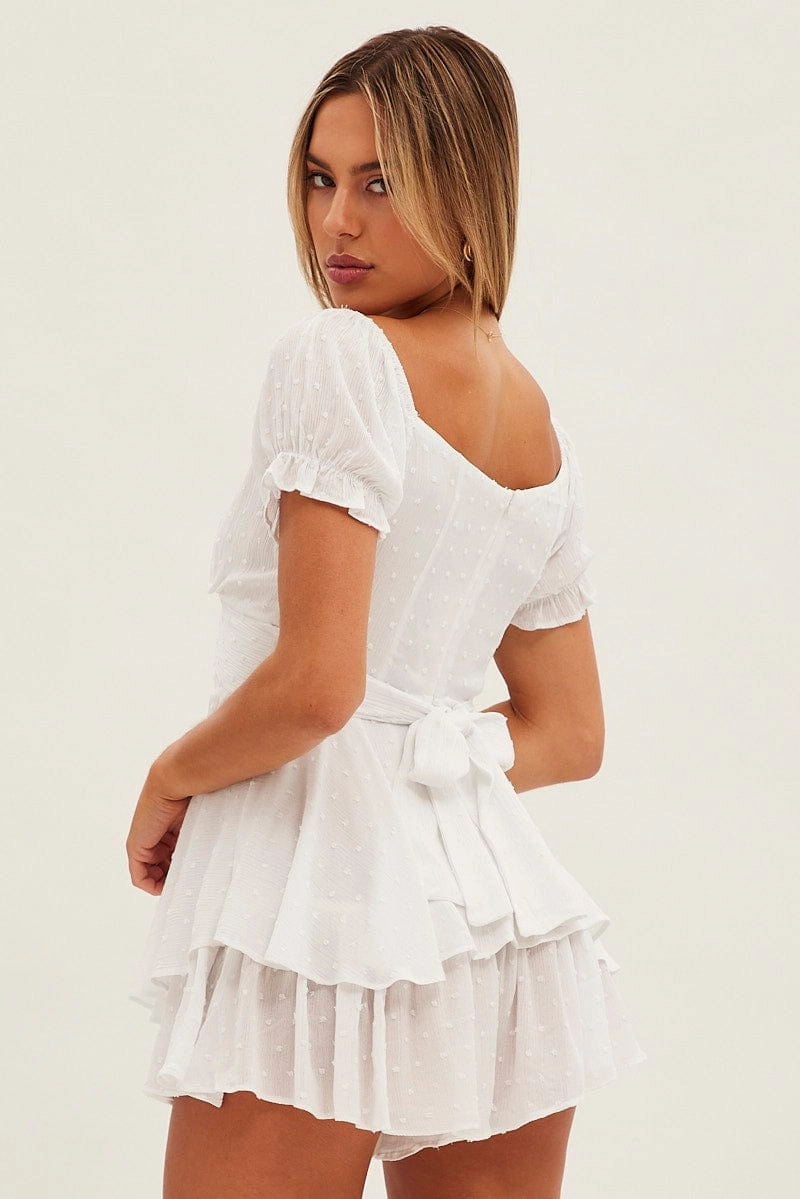 White Ruffle Playsuit Short Sleeve Tie Back