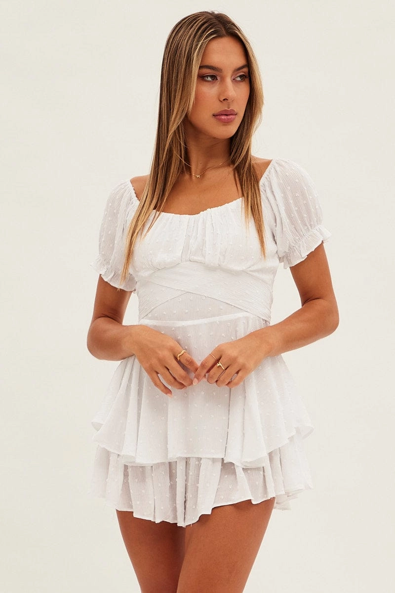 White Ruffle Playsuit Short Sleeve Tie Back