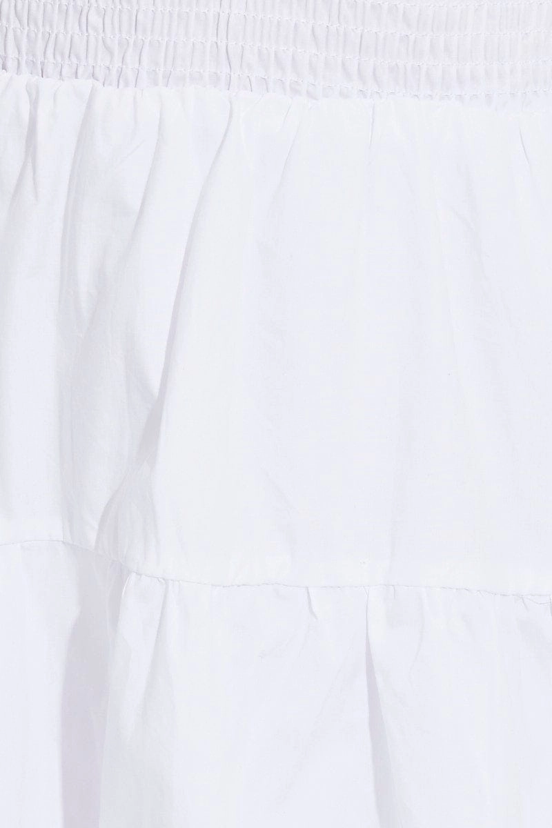 White Skater Dress Short Puff Sleeve V Neck Cotton