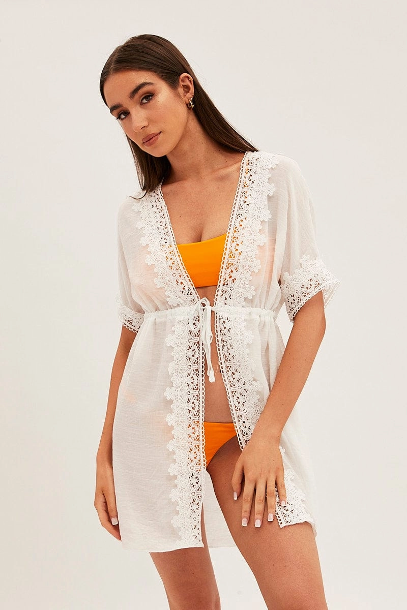 White Tie Front Lace Kimono