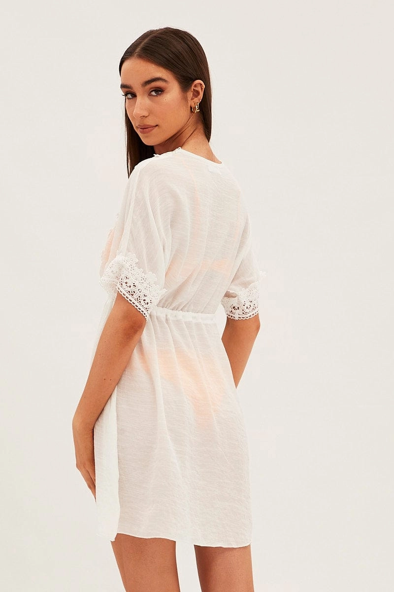 White Tie Front Lace Kimono