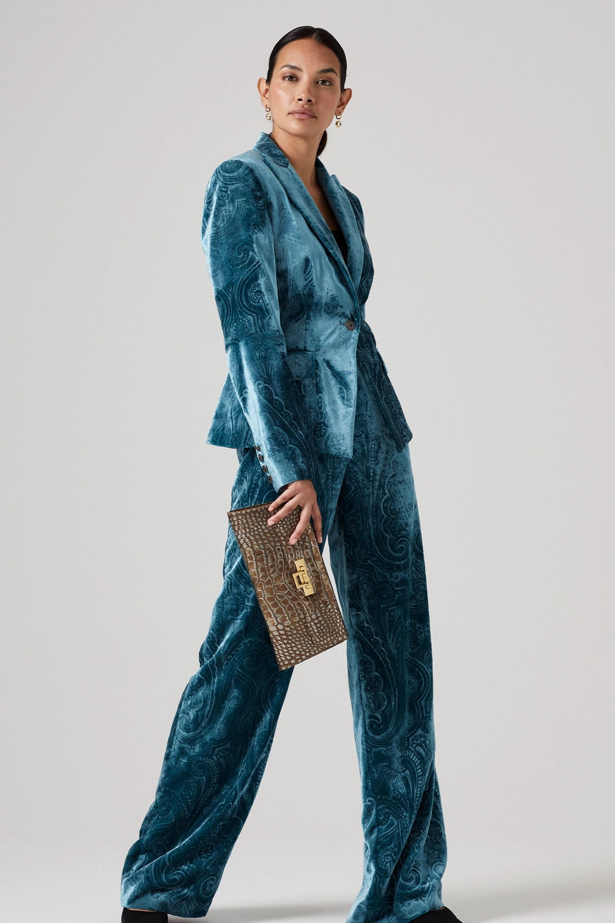Wide Leg Trousers in Teal Paisley Printed Velvet - Paloma