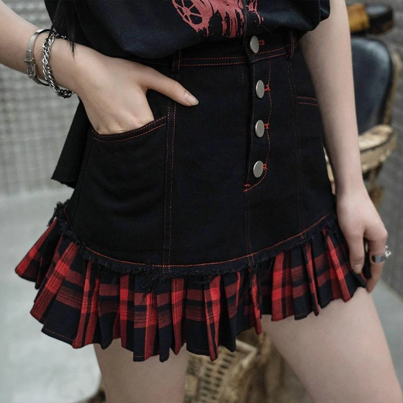 Women's Buttoms Spliced Plaid Hem Denim Skirts
