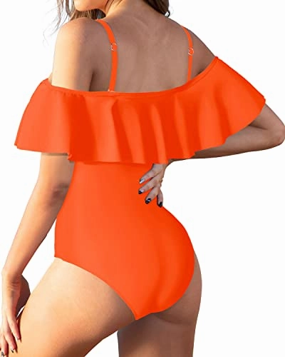 Women's Tummy Control Ruffled One Piece Swimsuit-Neon Orange