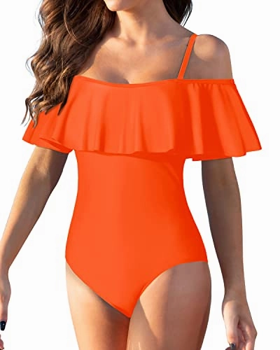 Women's Tummy Control Ruffled One Piece Swimsuit-Neon Orange