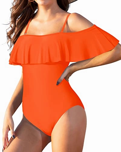 Women's Tummy Control Ruffled One Piece Swimsuit-Neon Orange