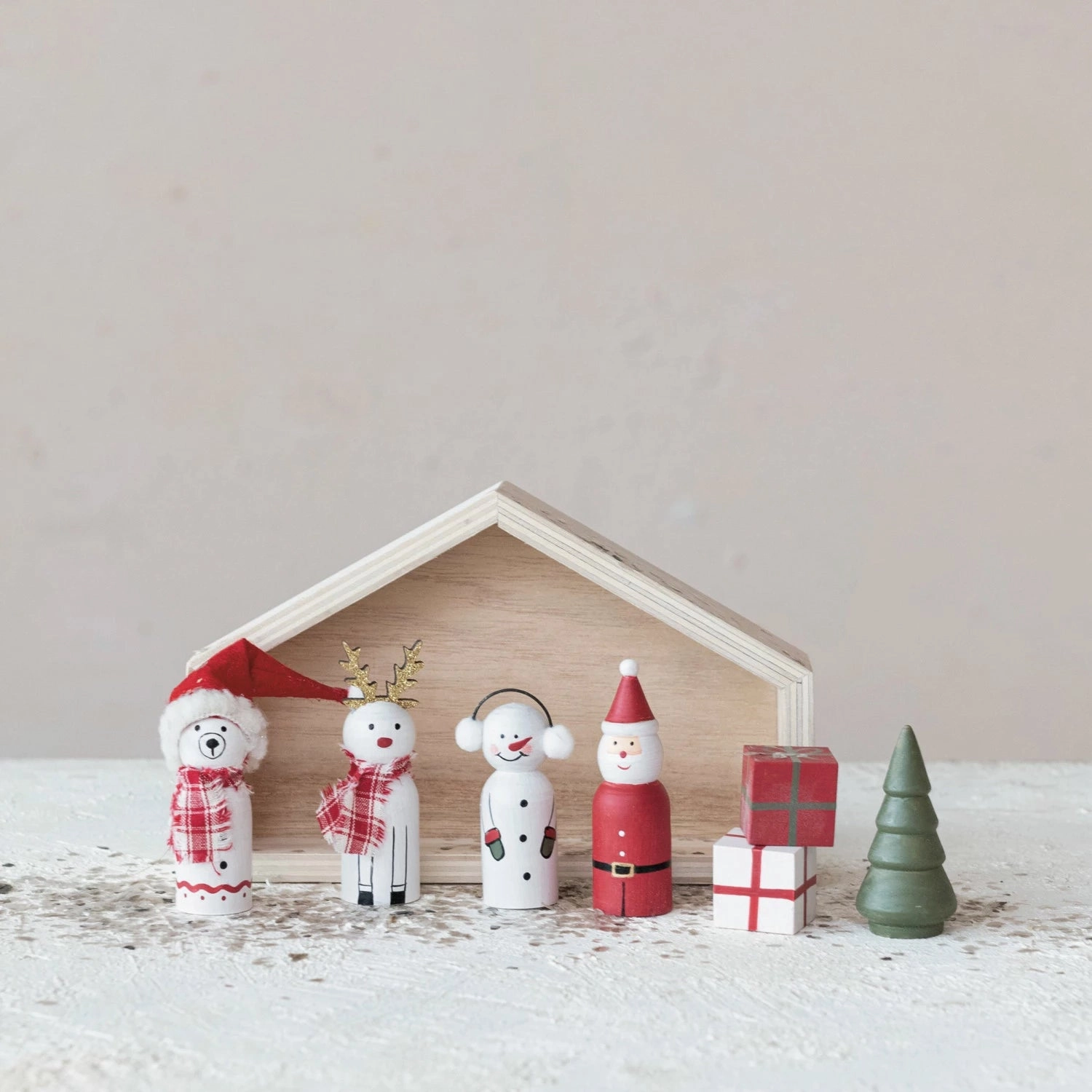Wood Figurines in House - 8 Piece Set
