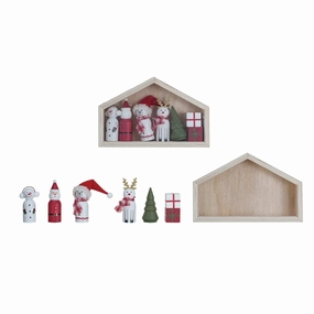 Wood Figurines in House - 8 Piece Set