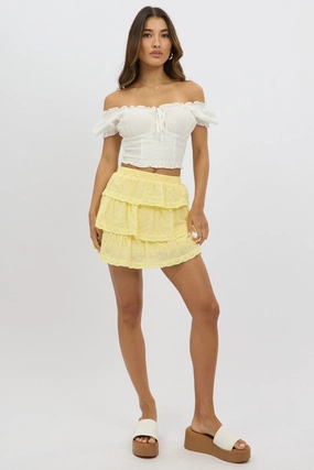 Yellow Mini Skirt Elastic Waist Layered Broidery Eyelet