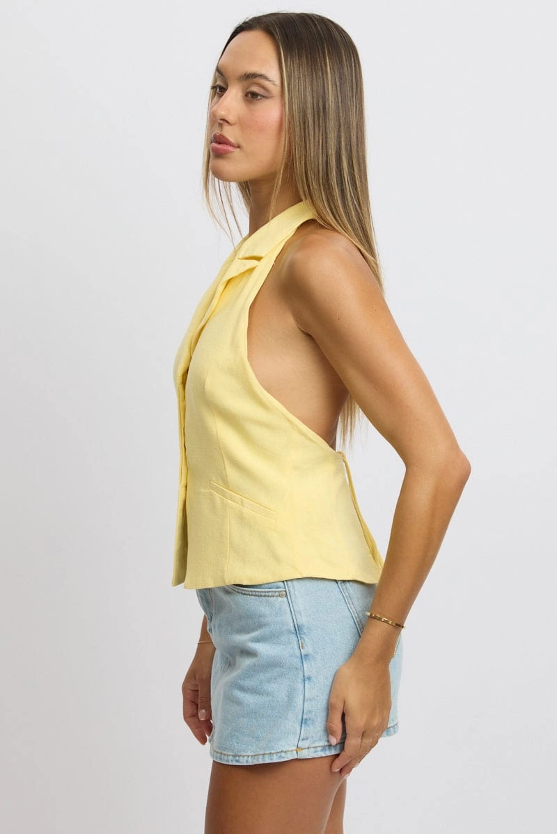 Yellow Vest Top V Neck Halter Neck Open Back