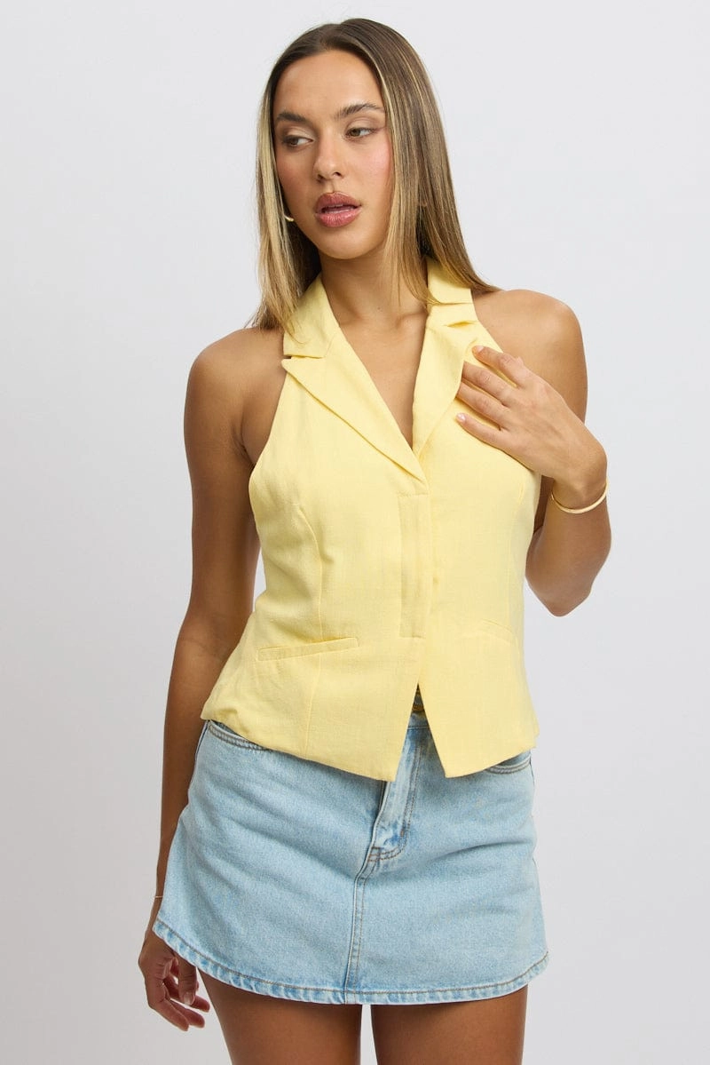 Yellow Vest Top V Neck Halter Neck Open Back